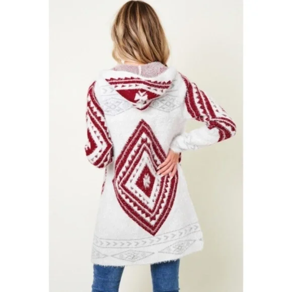 Wine Fuzzy Soft Knit Long Sleeve Aztec Tribal Native Western Cardigan Sweater - Picture 2 of 9